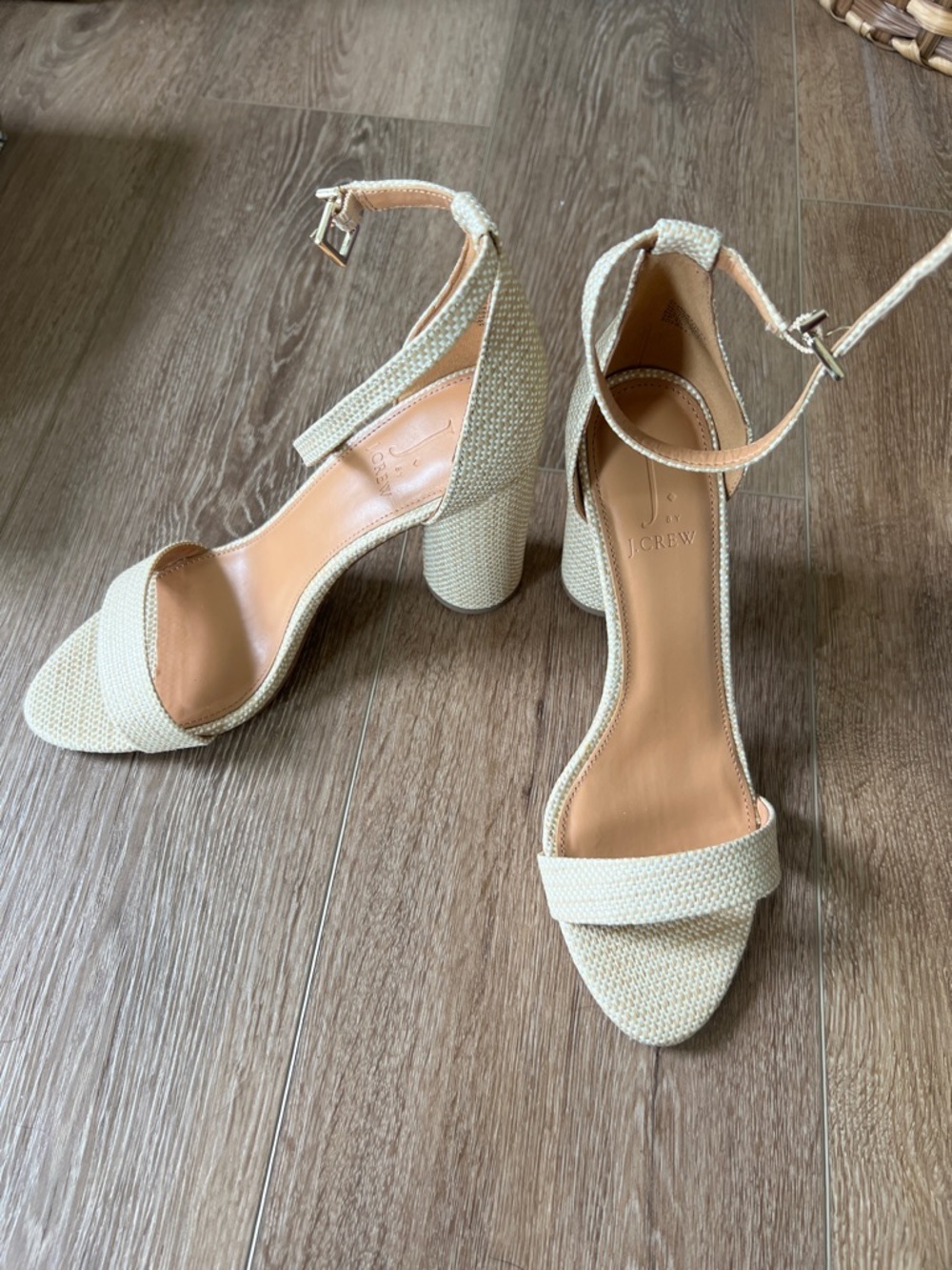 J. Crew Factory Cream Woven Ankle-Strap Block Heel Sandals